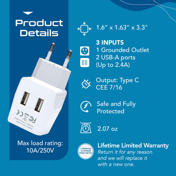 European Travel Adapter - Type C - Dual USB (CTU-9C)