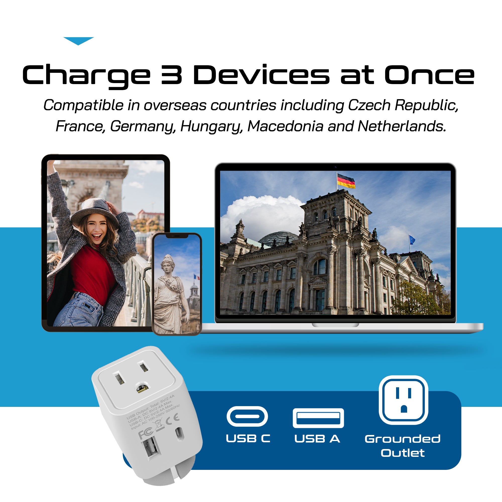 Europe Travel Adapter Plug Combo - Type C, E/F | Dual USB – European Combo (CTU-9-9C)
