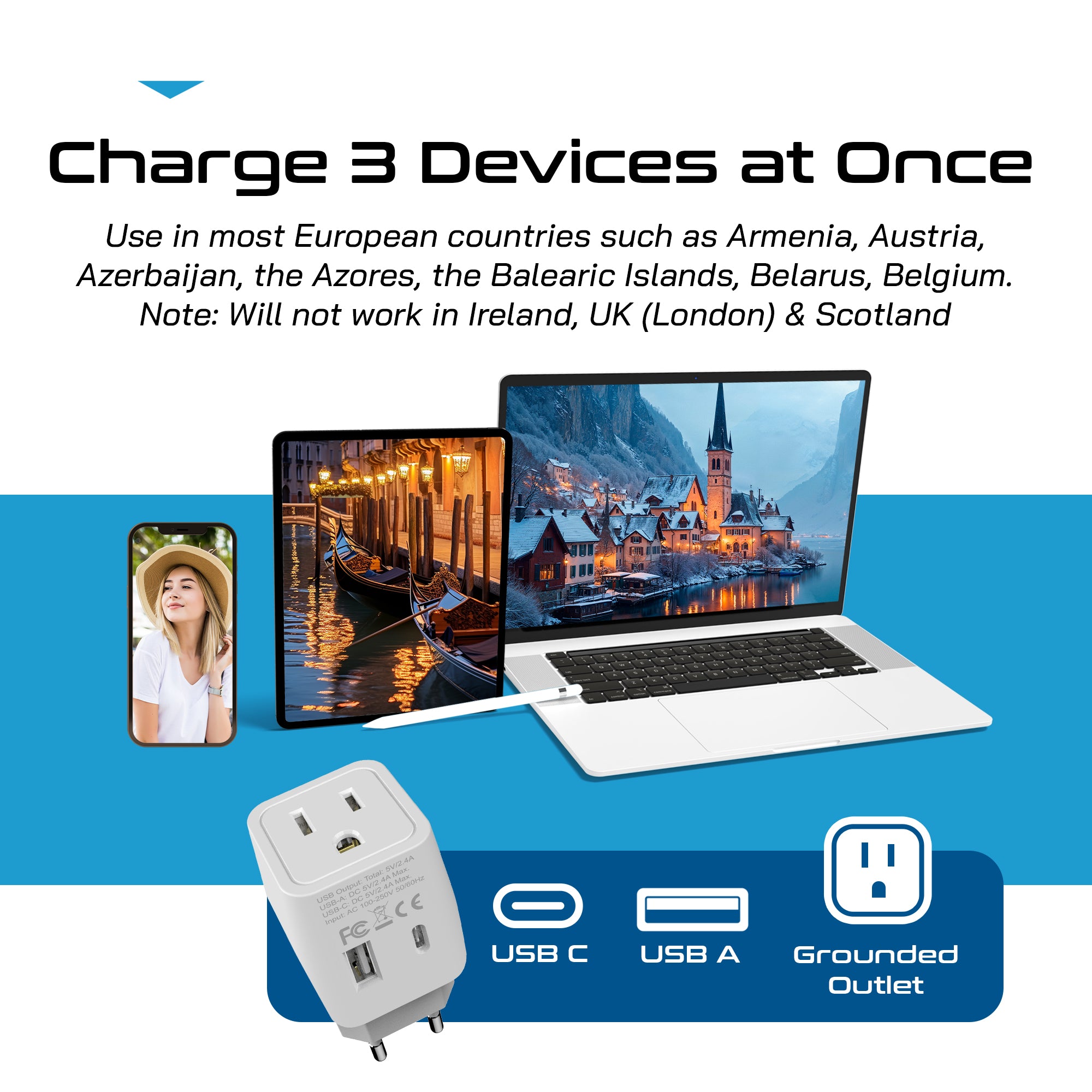 European, Egypt Travel Adapter Plug with USB-A + USB-C - Type C - 2 Pack (CTU-9C)