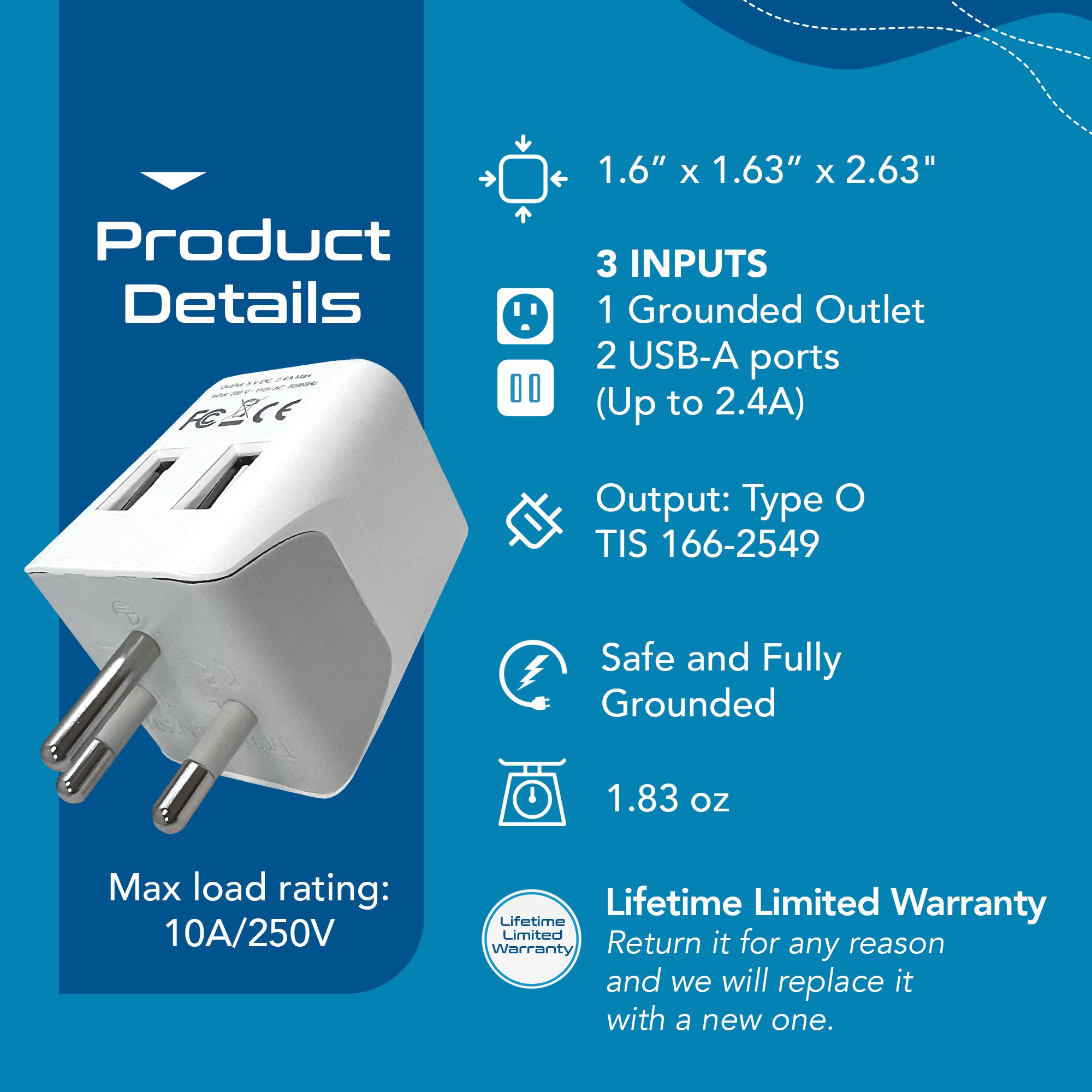 Thailand Travel Adapter - Type O - Dual USB (CTU-18)