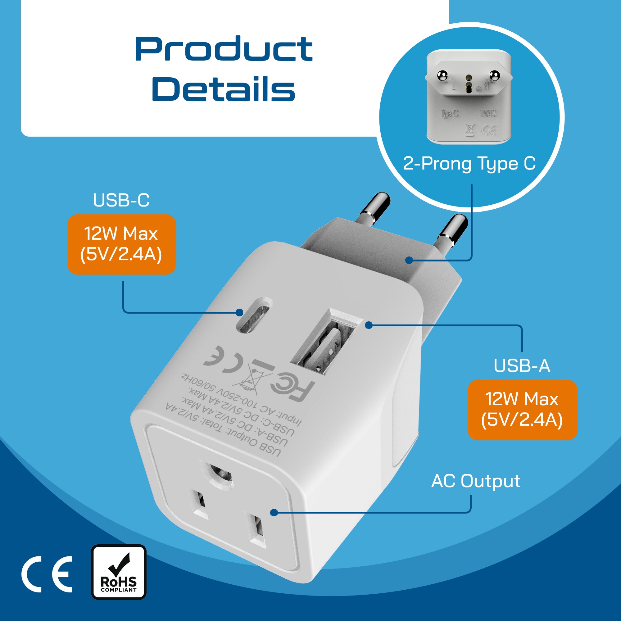European, Egypt Travel Adapter Plug with USB-A + USB-C - Type C - 2 Pack (CTU-9C)