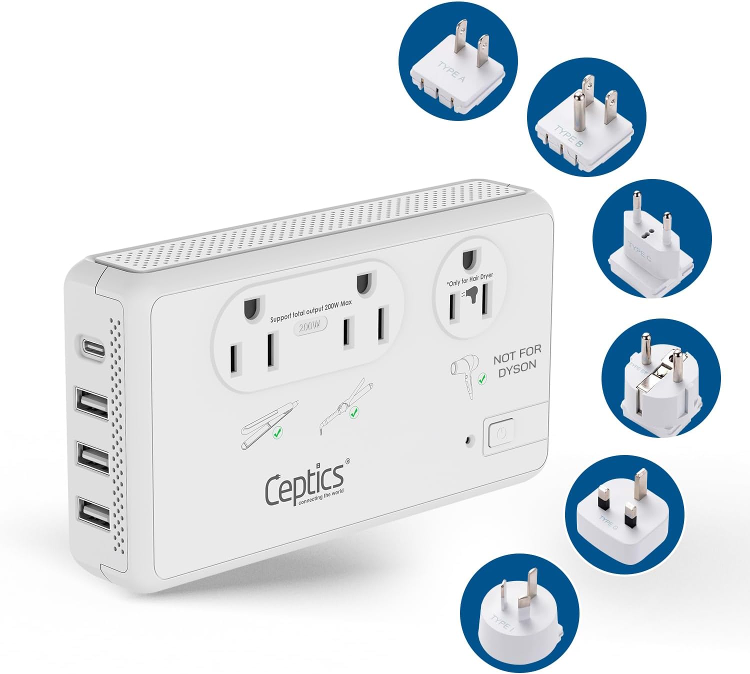 2000W Travel Voltage Converter - 2 USA outlets + Separate 2000W outlet for Hair dryers + 3 USB-A + 1 USB-C - 220V to 110V (LX-C2000)