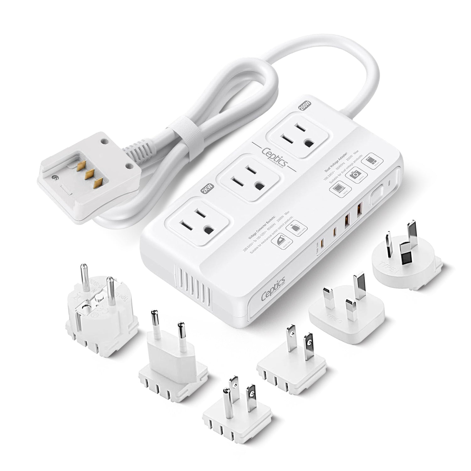 2000W/200W Step Down Converter – 2x 2000W, 1x 200W (Dual Voltage) outlets & 2x USB-A + 2x USB-C – AC 220-240V to 110V-120V Travel Voltage Converter - (LX2-M2000)