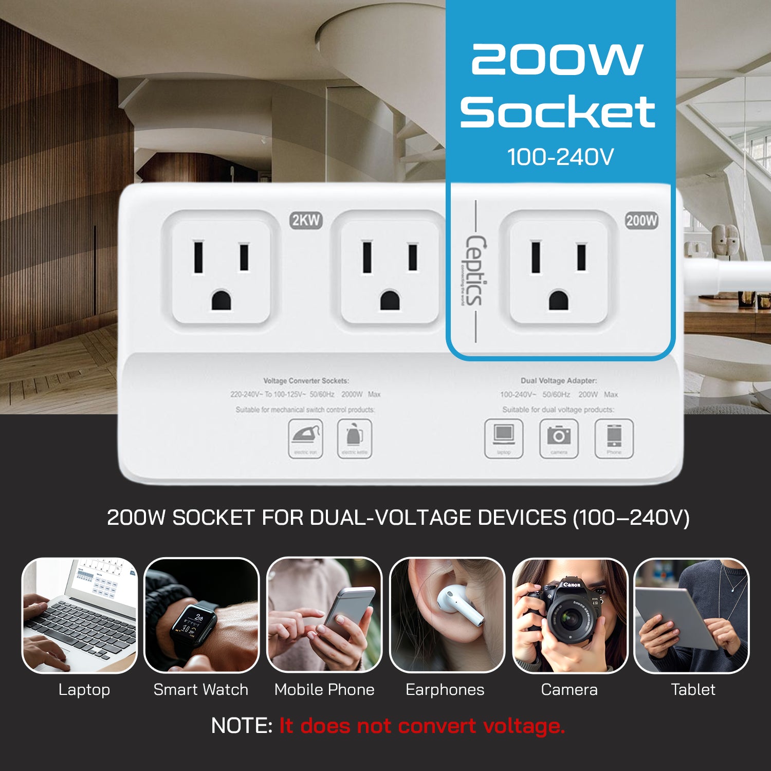 2000W/200W Step Down Converter – 2x 2000W, 1x 200W (Dual Voltage) outlets & 2x USB-A + 2x USB-C – AC 220-240V to 110V-120V Travel Voltage Converter - (LX2-M2000)