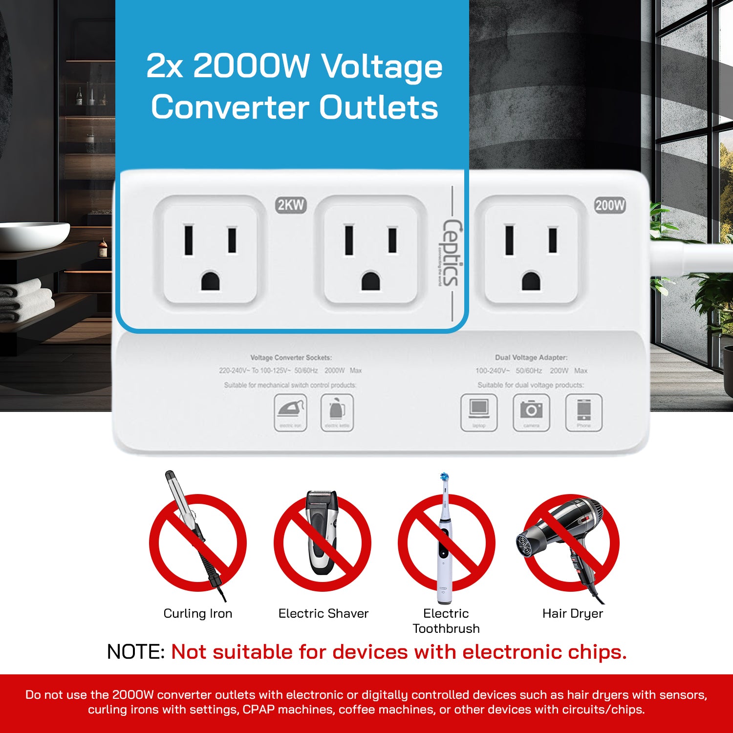 2000W/200W Step Down Converter – 2x 2000W, 1x 200W (Dual Voltage) outlets & 2x USB-A + 2x USB-C – AC 220-240V to 110V-120V Travel Voltage Converter - (LX2-M2000)