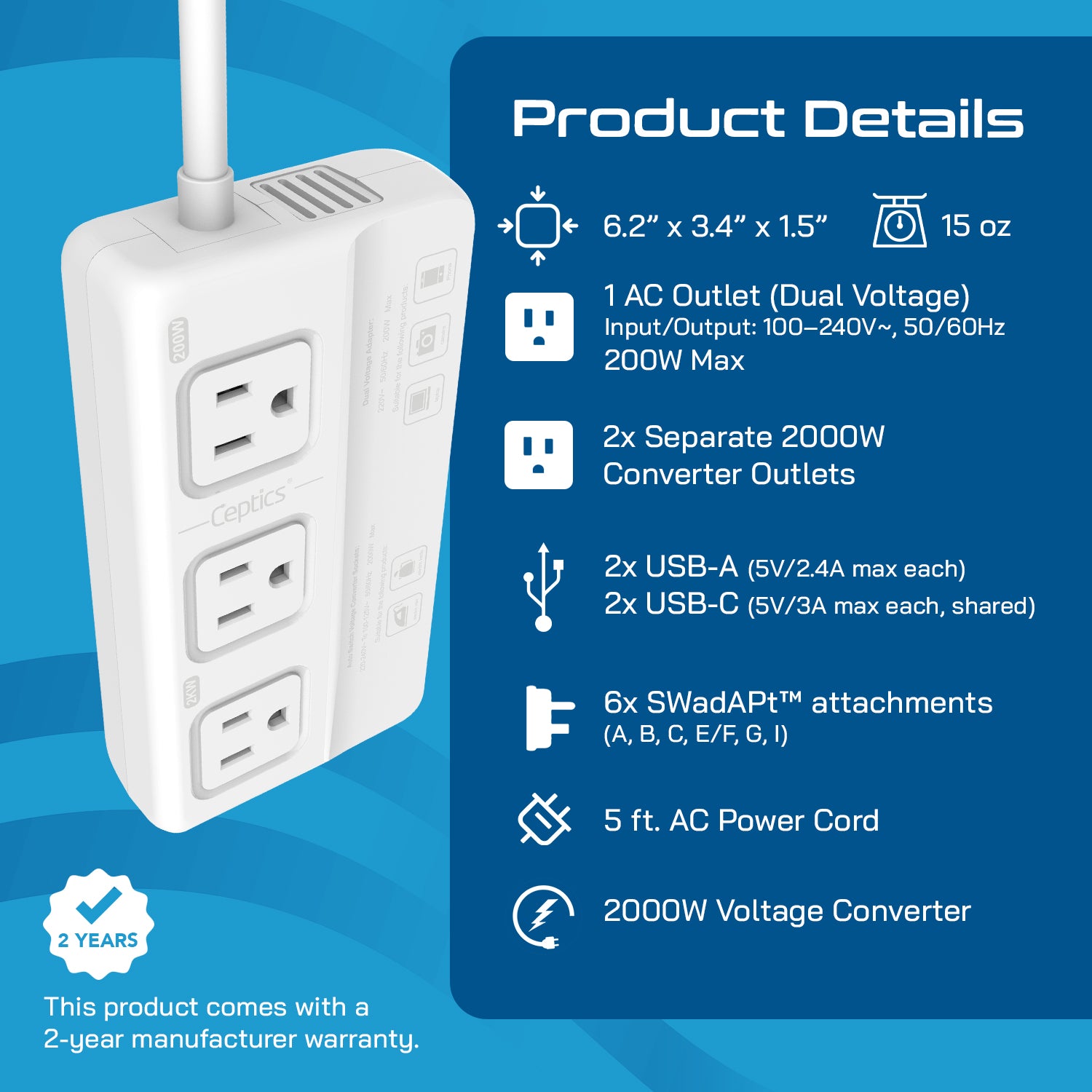 2000W/200W Step Down Converter – 2x 2000W, 1x 200W (Dual Voltage) outlets & 2x USB-A + 2x USB-C – AC 220-240V to 110V-120V Travel Voltage Converter - (LX2-M2000)