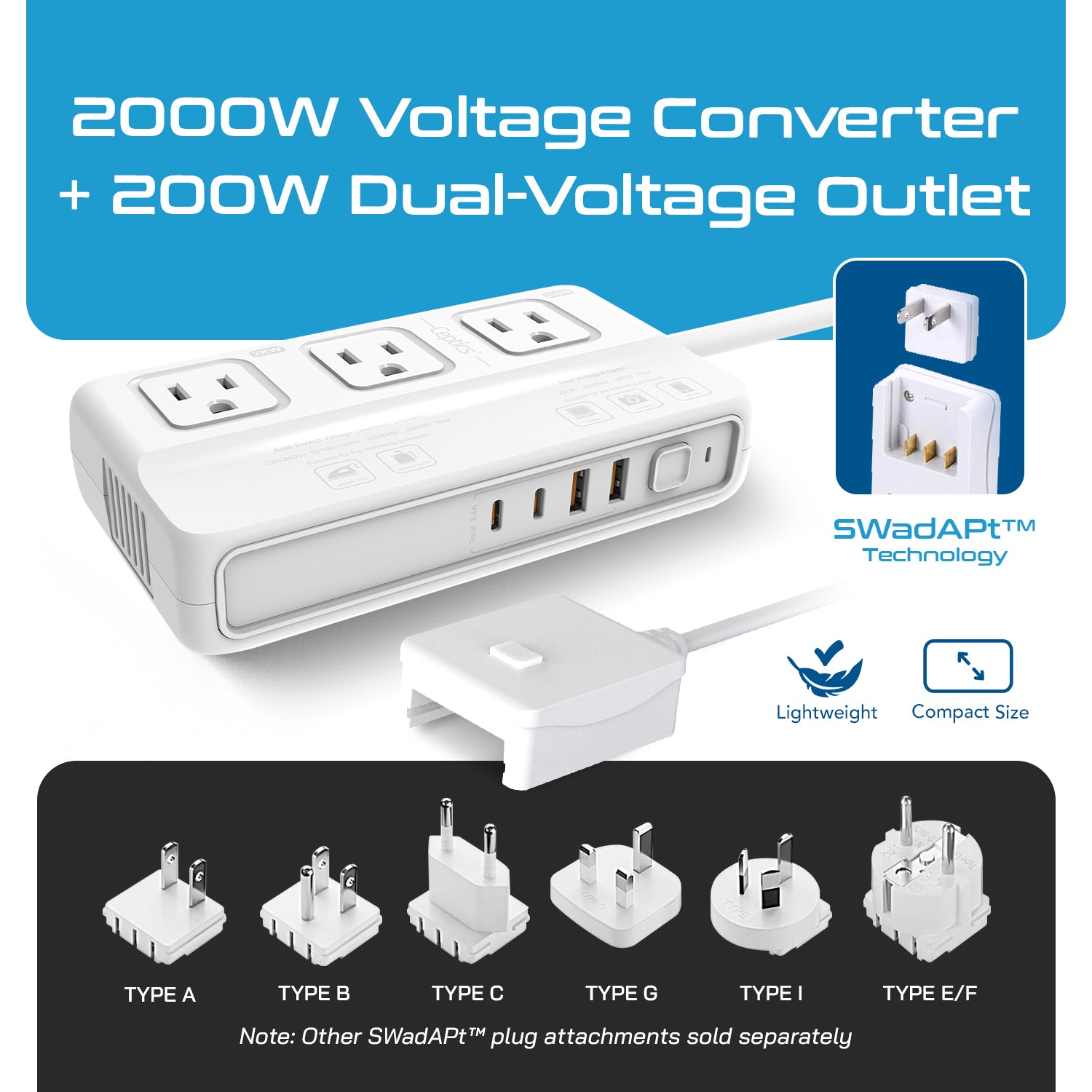 2000W/200W Step Down Converter – 2x 2000W, 1x 200W (Dual Voltage) outlets & 2x USB-A + 2x USB-C – AC 220-240V to 110V-120V Travel Voltage Converter - (LX2-M2000)