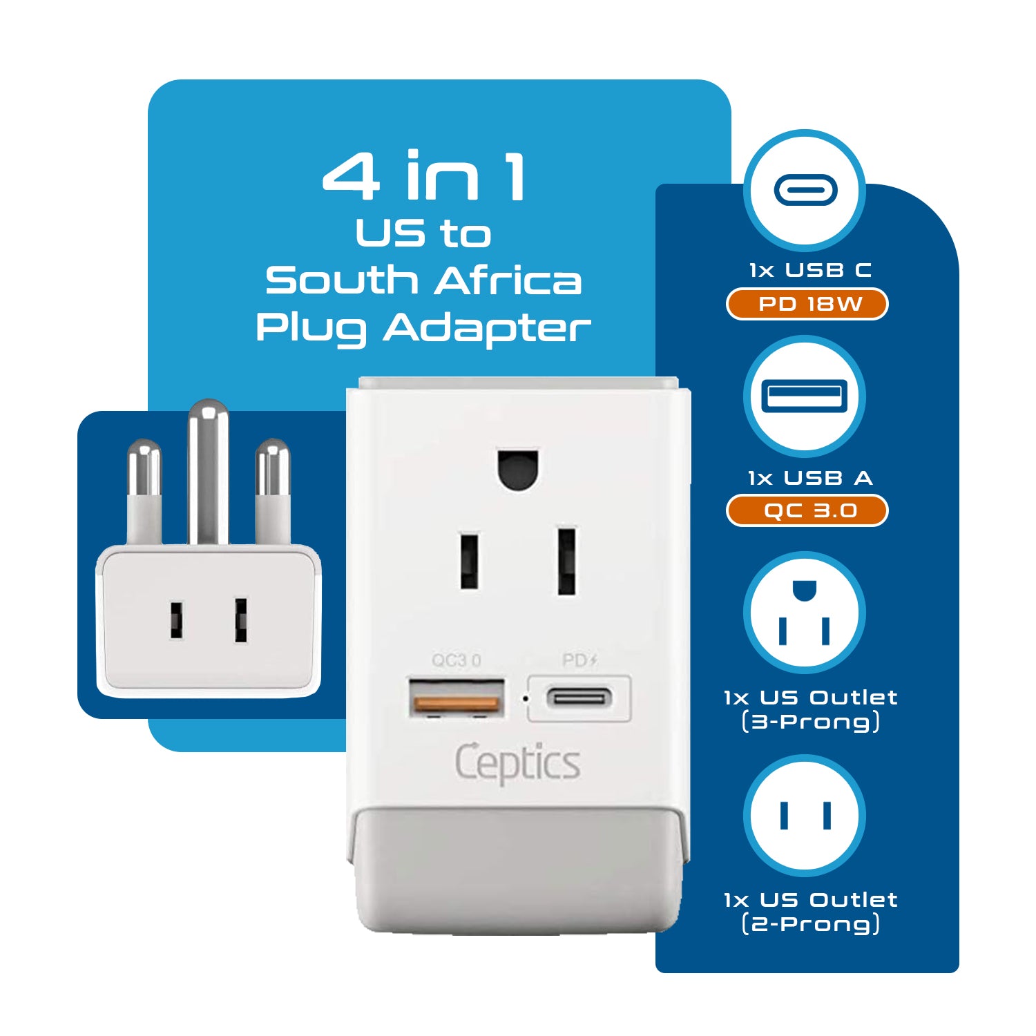 South Africa Travel Adapter | Type M - USB-A & USB-C Ports + 2 USA Outlet (AP-10L)