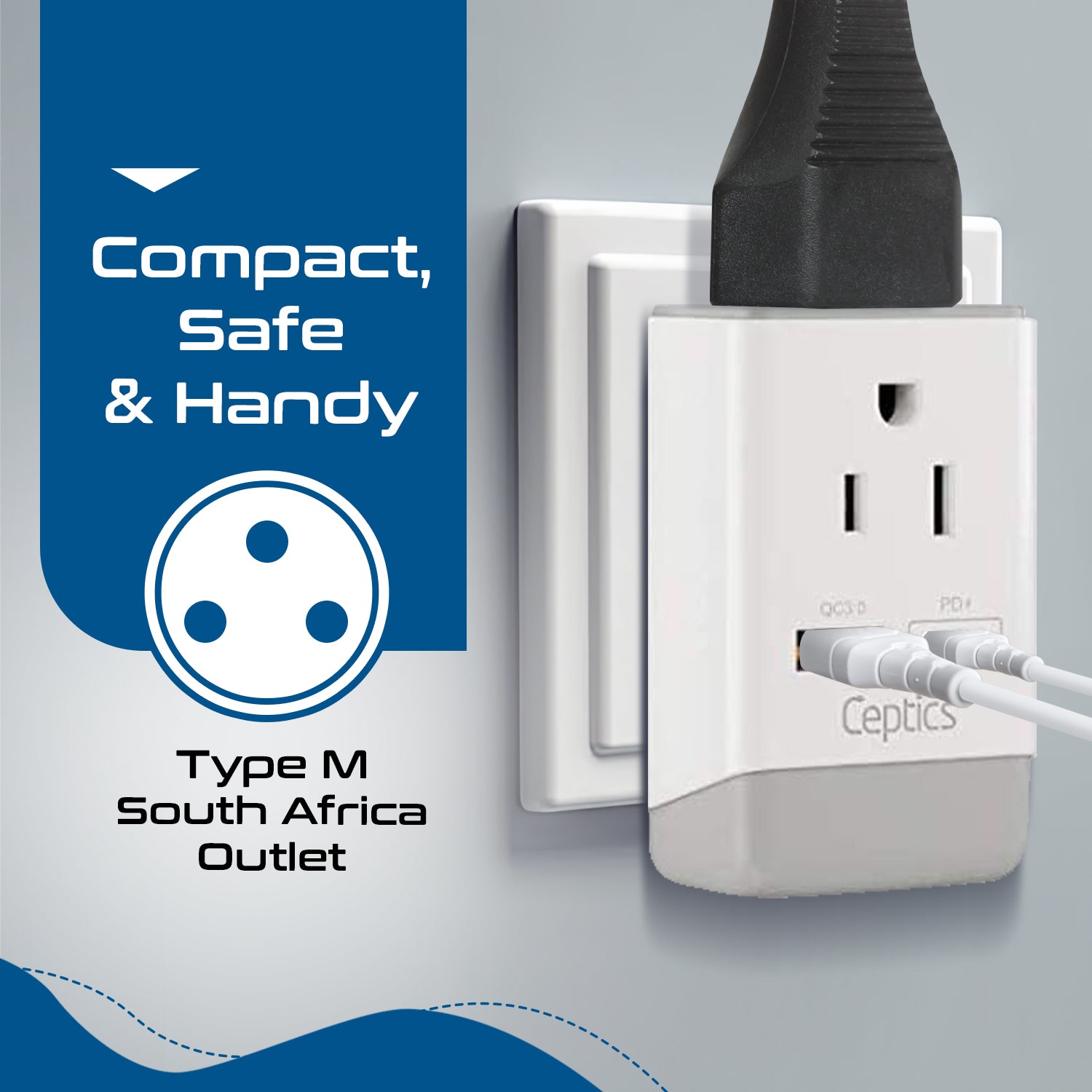 South Africa Travel Adapter | Type M - USB-A & USB-C Ports + 2 USA Outlet (AP-10L)