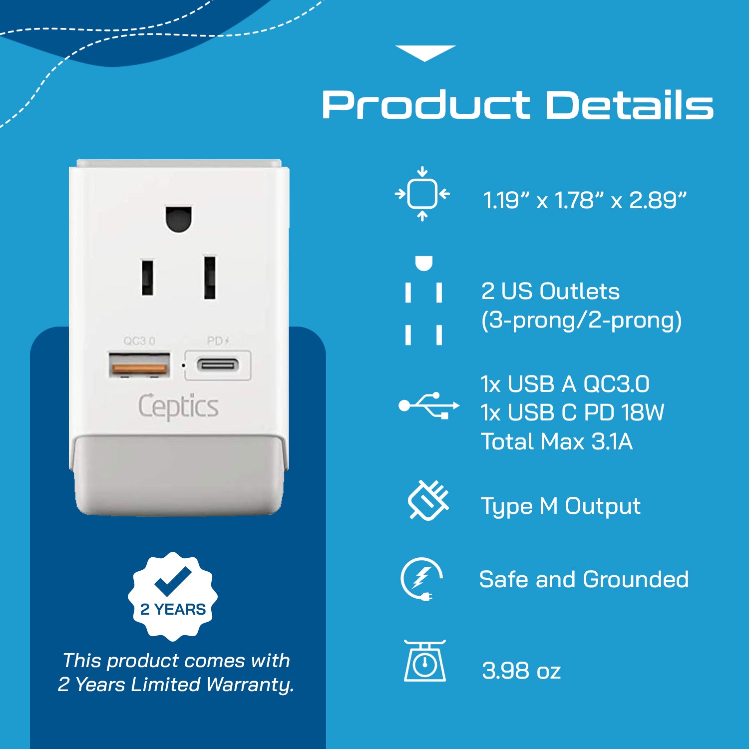 South Africa Travel Adapter | Type M - USB-A & USB-C Ports + 2 USA Outlet (AP-10L)