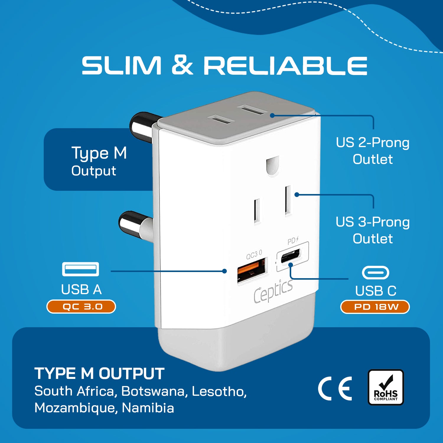 South Africa Travel Adapter | Type M - USB-A & USB-C Ports + 2 USA Outlet (AP-10L)