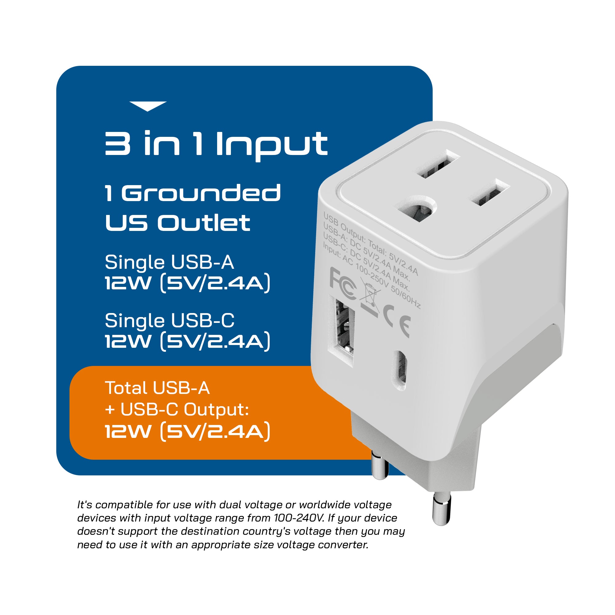 European, Egypt Travel Adapter Plug with USB-A + USB-C - Type C - 2 Pack (CTU-9C)