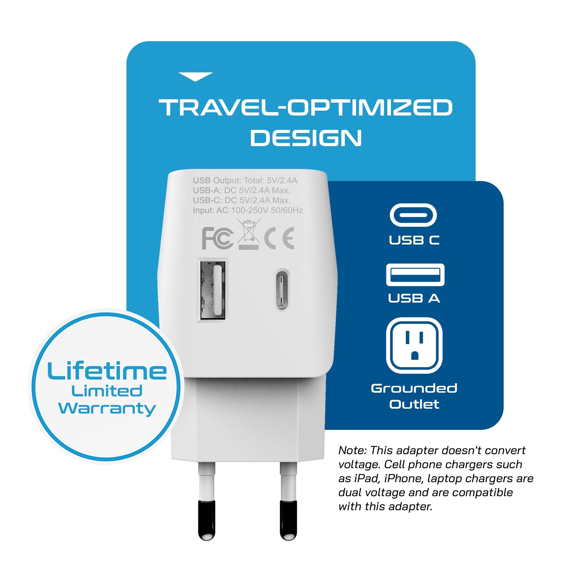 European, Egypt Travel Adapter Plug with USB-A + USB-C - Type C - 2 Pack (CTU-9C)