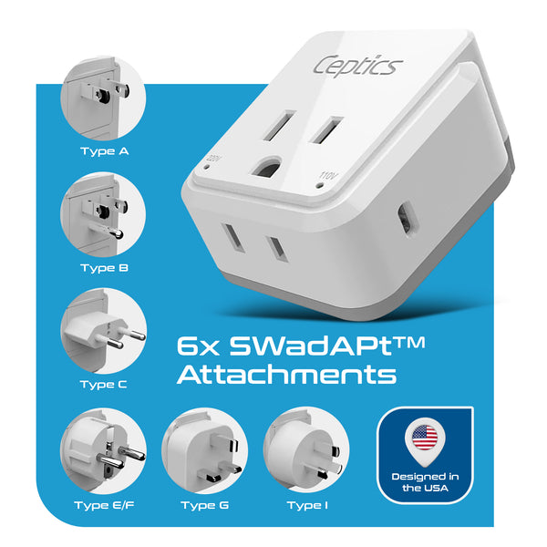 PAK-30-WS Travel Adapter Set |  Type A, B, C, E/F, G, I - USB-C Port with PD + 2 US Outlets