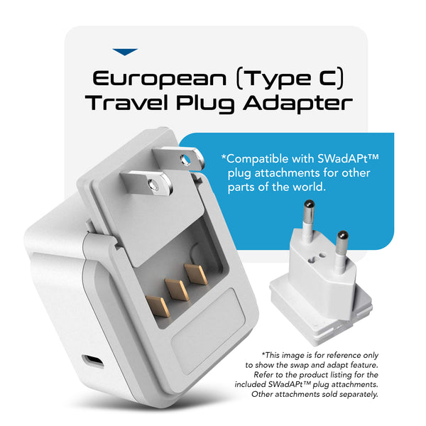 PAK-30W-9C European travel Plug Adapter | Type C - USB C Port + 2 US Outlets