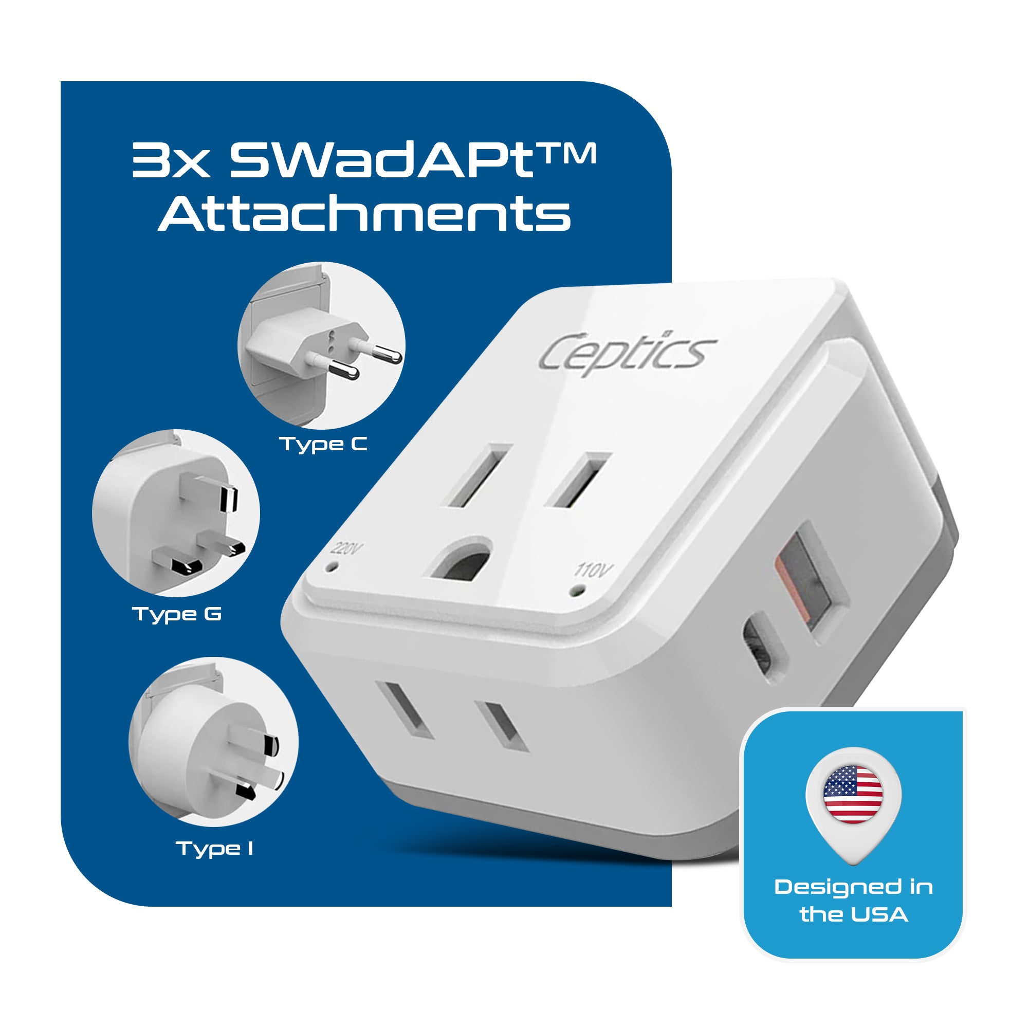 Asian, China, Malaysia Travel Adapter Set | Type C, G, I - USB & USB-C Ports + 2 US Outlets (PAK-AS)