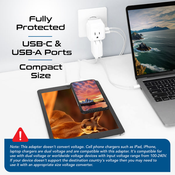 PAK-AU Australia, China, New Zealand Travel Adapter | Type I - USB & USB-C Ports + 2 US Outlets