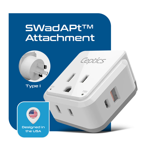 PAK-AU Australia, China, New Zealand Travel Adapter | Type I - USB & USB-C Ports + 2 US Outlets