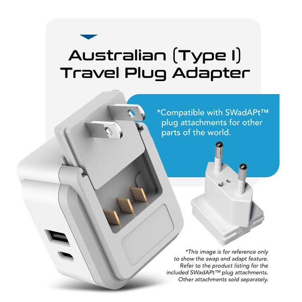 PAK-AU Australia, China, New Zealand Travel Adapter | Type I - USB & USB-C Ports + 2 US Outlets