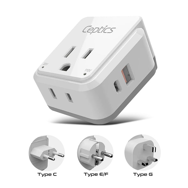PAK-EU Travel Adapter Kit | Type C, E/F, G - USB & USB-C Ports + 2 US Outlets