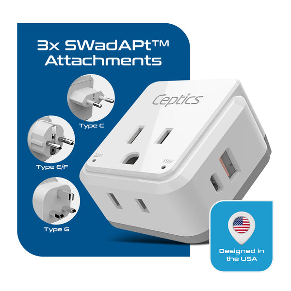 PAK-EU Travel Adapter Kit | Type C, E/F, G - USB & USB-C Ports + 2 US Outlets