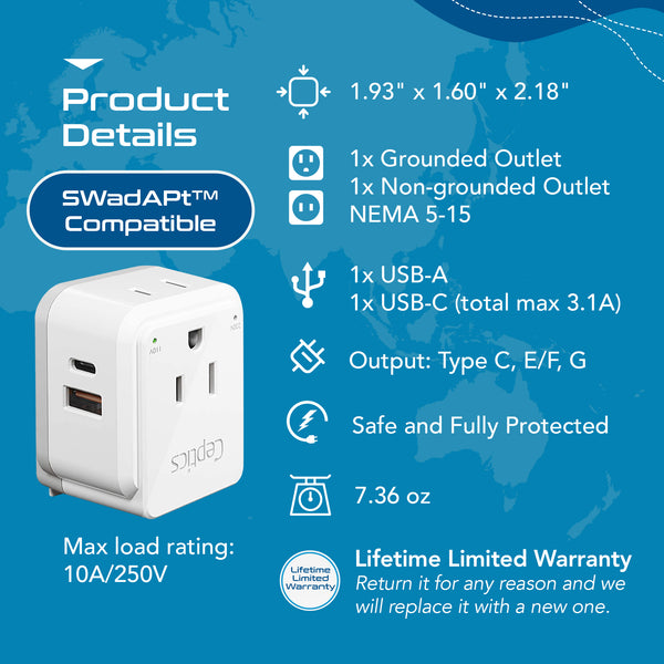 PAK-WS Travel Adapter Set | Type A, B, C, E/F, G, I - USB & USB-C Ports + 2  US Outlets