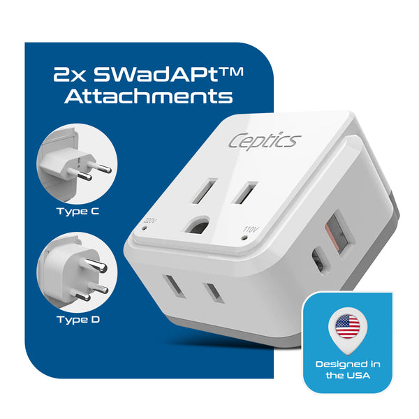 PAK-IN India, Nepal Travel Adapter Set | Type C, D - USB & USB-C Ports + 2 US Outlets