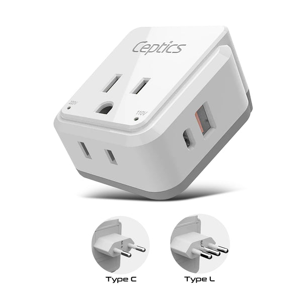PAK-IT Italy, Chile Travel Adapter Set | Type C, L - USB & USB-C Ports + 2 US Outlets