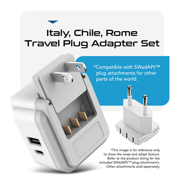 PAK-IT Italy, Chile Travel Adapter Set | Type C, L - USB & USB-C Ports + 2 US Outlets