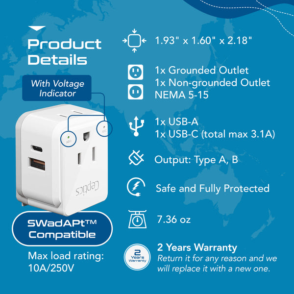 PAK-JP Japan, Philippines Travel Plug Adapter Set | Type A, B - USB & USB-C Ports + 2 US Outlets