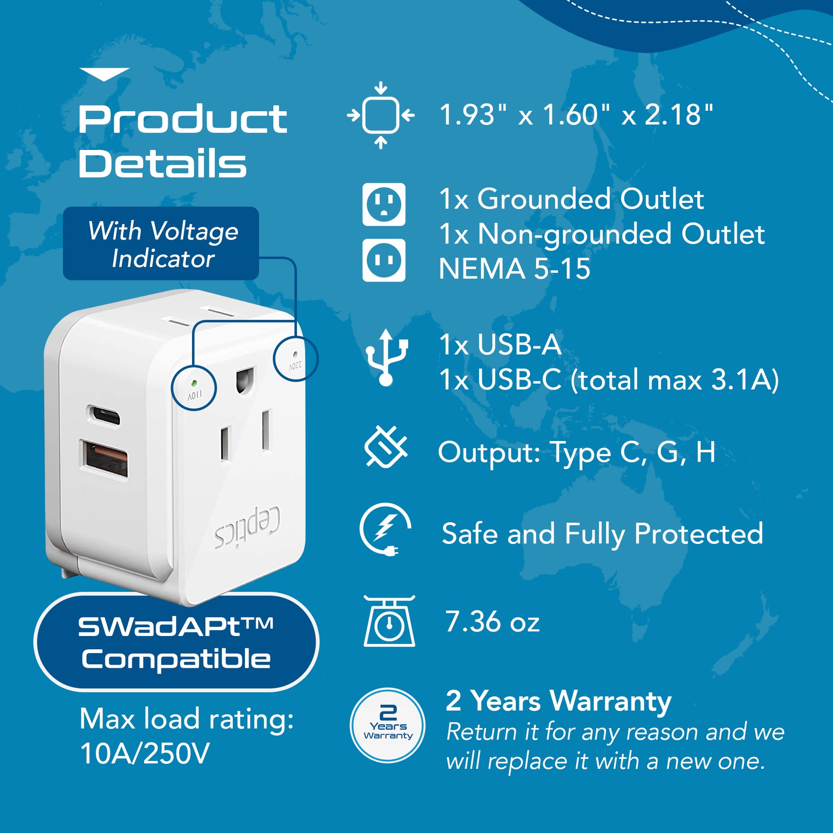 Israel, Jordan, Middle East Travel Adapter Set | Type C, G, H - USB