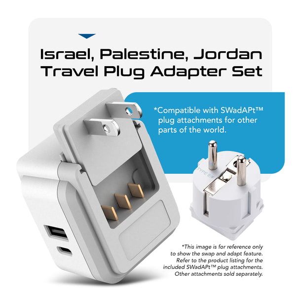 PAK-ME Israel, Jordan, Middle East Travel Adapter Set | Type C, G, H - USB & USB-C Ports + 2 US Outlets