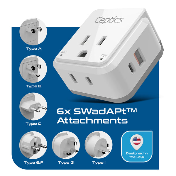 PAK-WS Travel Adapter Set | Type A, B, C, E/F, G, I - USB & USB-C Ports + 2 US Outlets