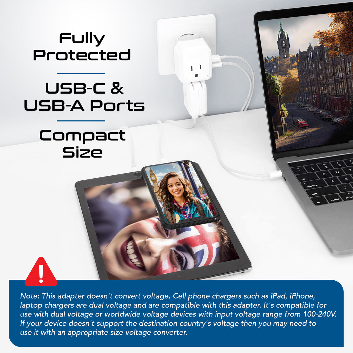 England, Hong Kong Travel Adapter | Type G - USB & USB-C Ports + 2 US