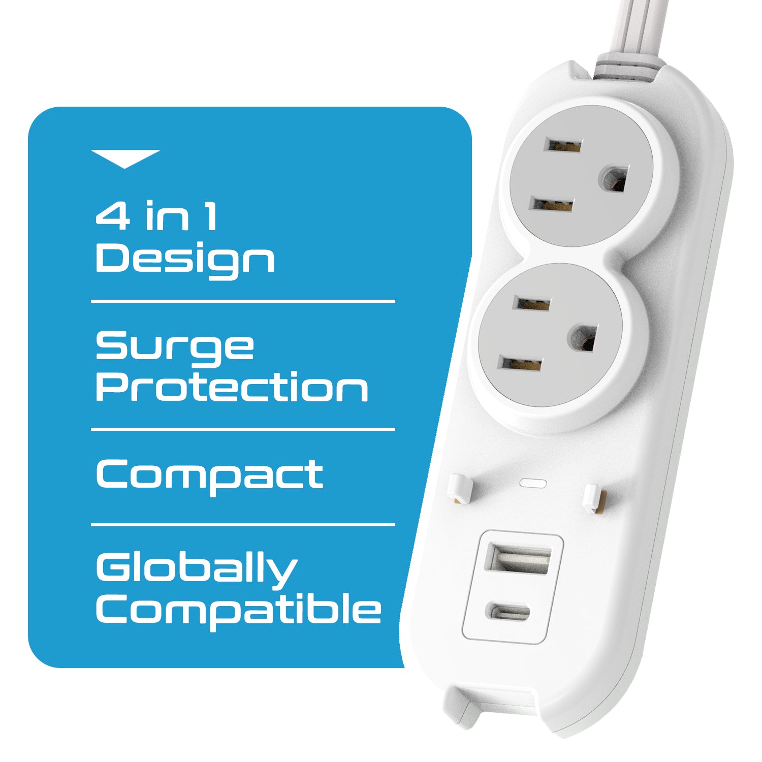 Compact Travel Power Strip - 2 US Outlets, USB & USB-C Ports - Grounded (PS-2U+)