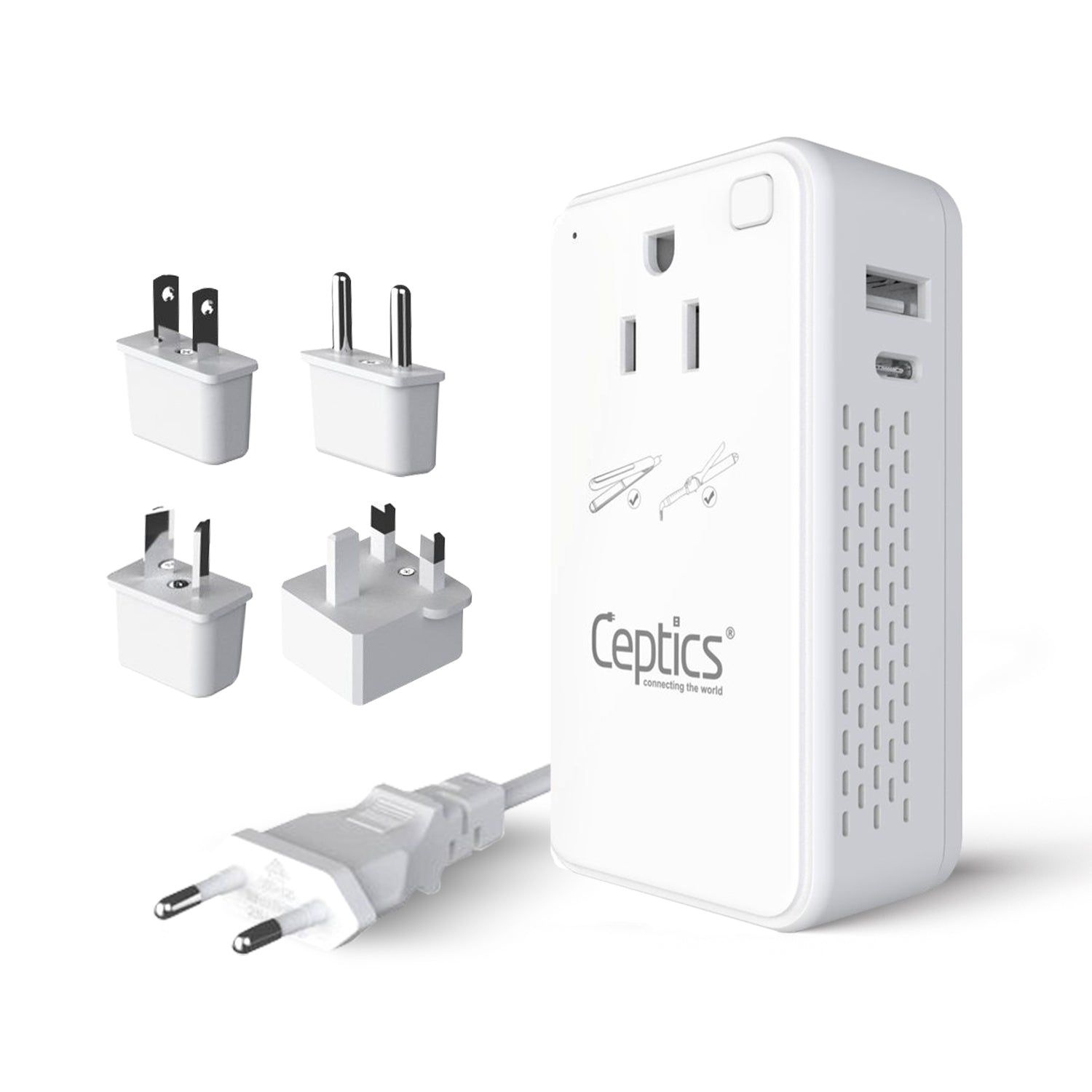 200W Compact Travel Voltage Converter  - 2 AC Outlets + 1 USB-A & 1 USB-C - 220V-240V to 110-120V Step Down Converter - PU-200C-GP