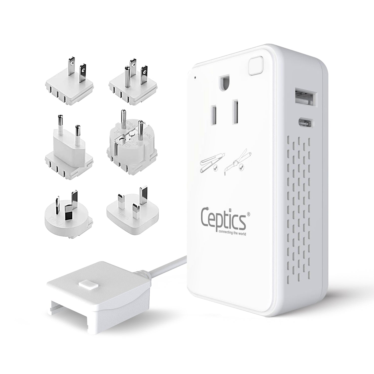 200W Compact Travel Voltage Converter  - 2 AC Outlets + 1 USB-A & 1 USB-C - 220V-240V to 110-120V Step Down Converter - PU-200C-WS