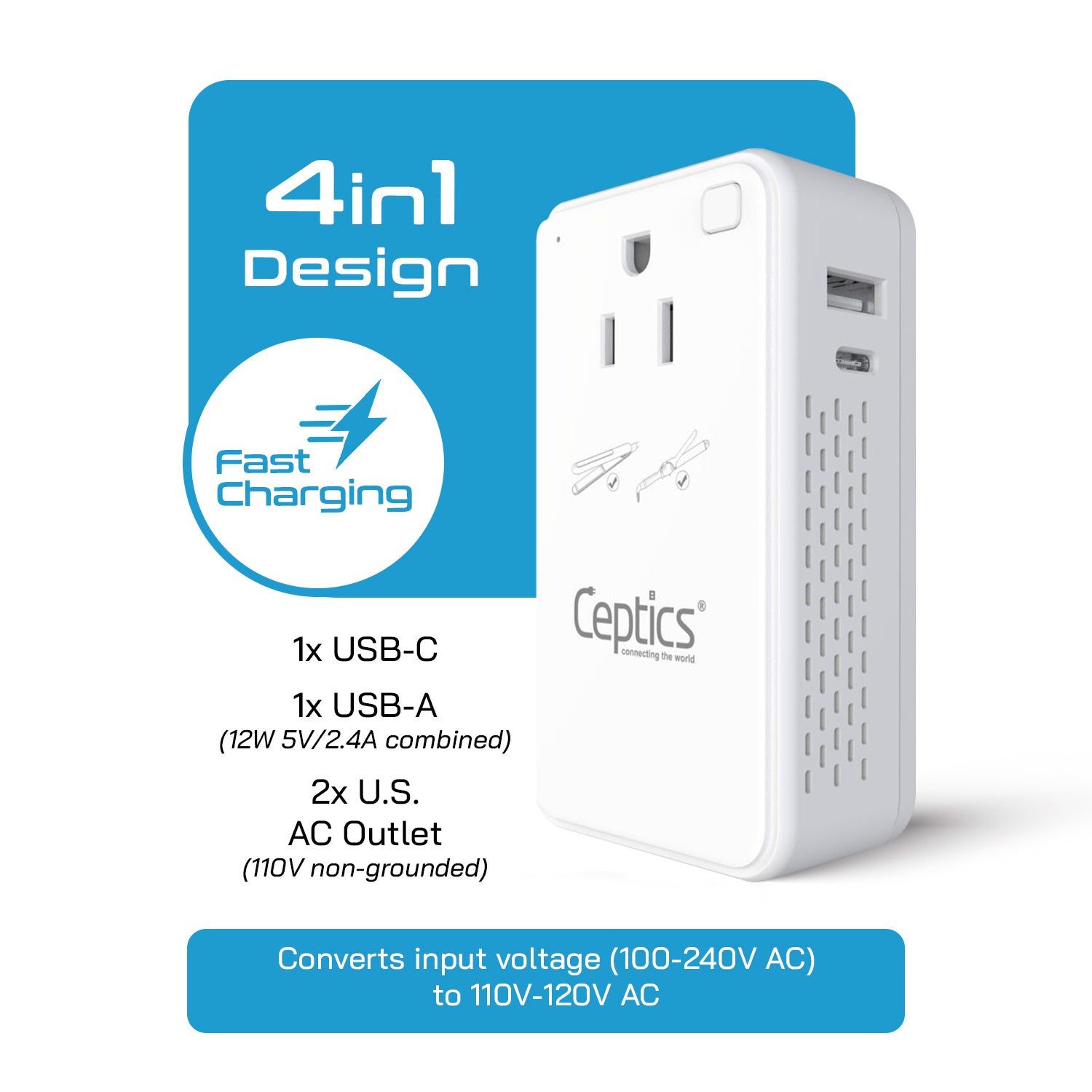 200W Compact Step Down Converter - 2 USA Outlets & 1 USB-A + 1 USB-C – AC 220V-240V to 110-120V Travel Voltage Converter - (PU-200C)