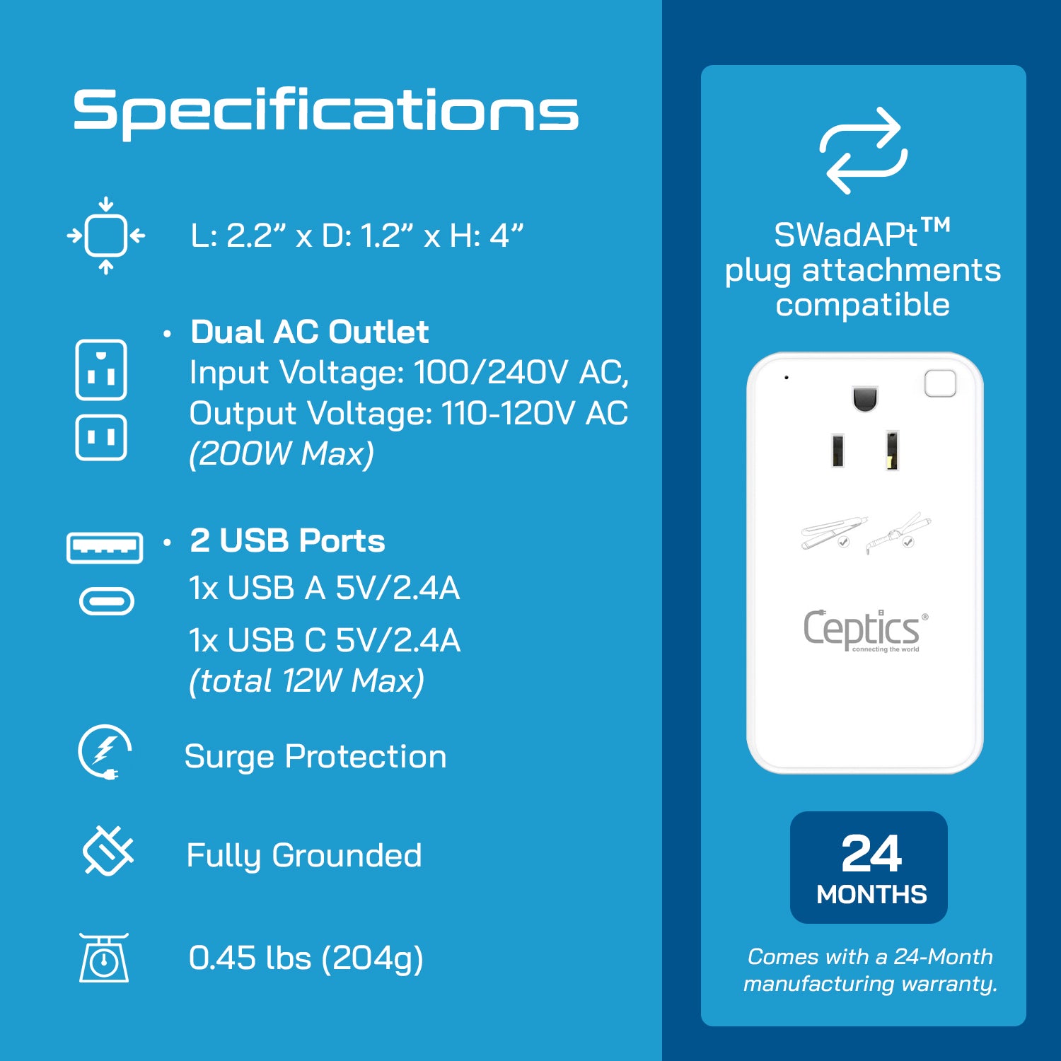 200W Compact Step Down Converter - 2 USA Outlets & 1 USB-A + 1 USB-C – AC 220V-240V to 110-120V Travel Voltage Converter - (PU-200C)