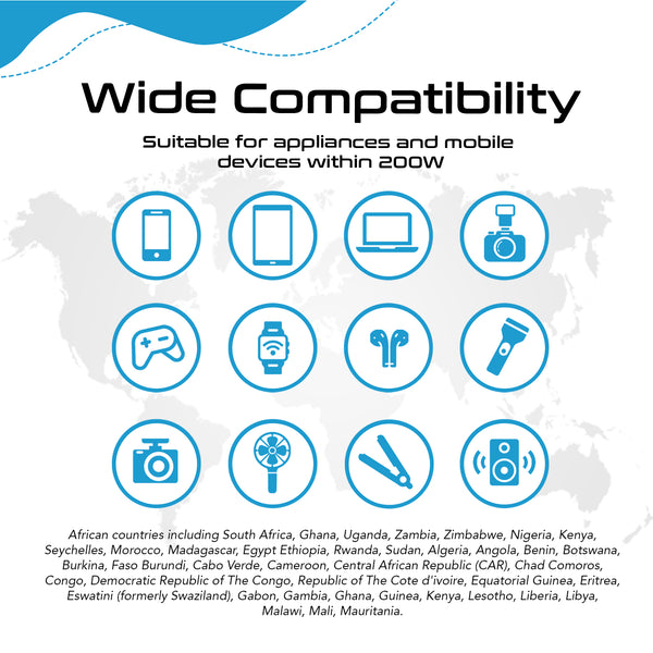Africa Travel Voltage Converter 230W - 2 Outlets + 4 USB QC 3.0 - 220V to 110V (PU-200X-AF)
