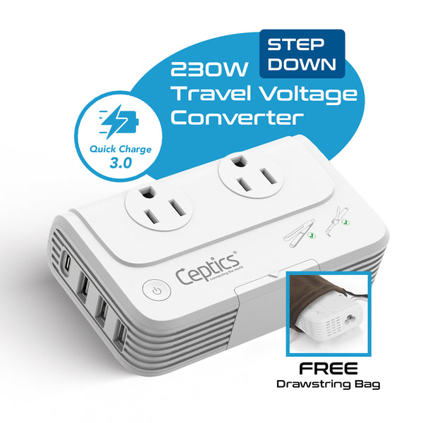 European Travel Voltage Converter 230W - 2 Outlets + 4 USB QC 3.0 - 220V to 110V (PU-200X-EU)