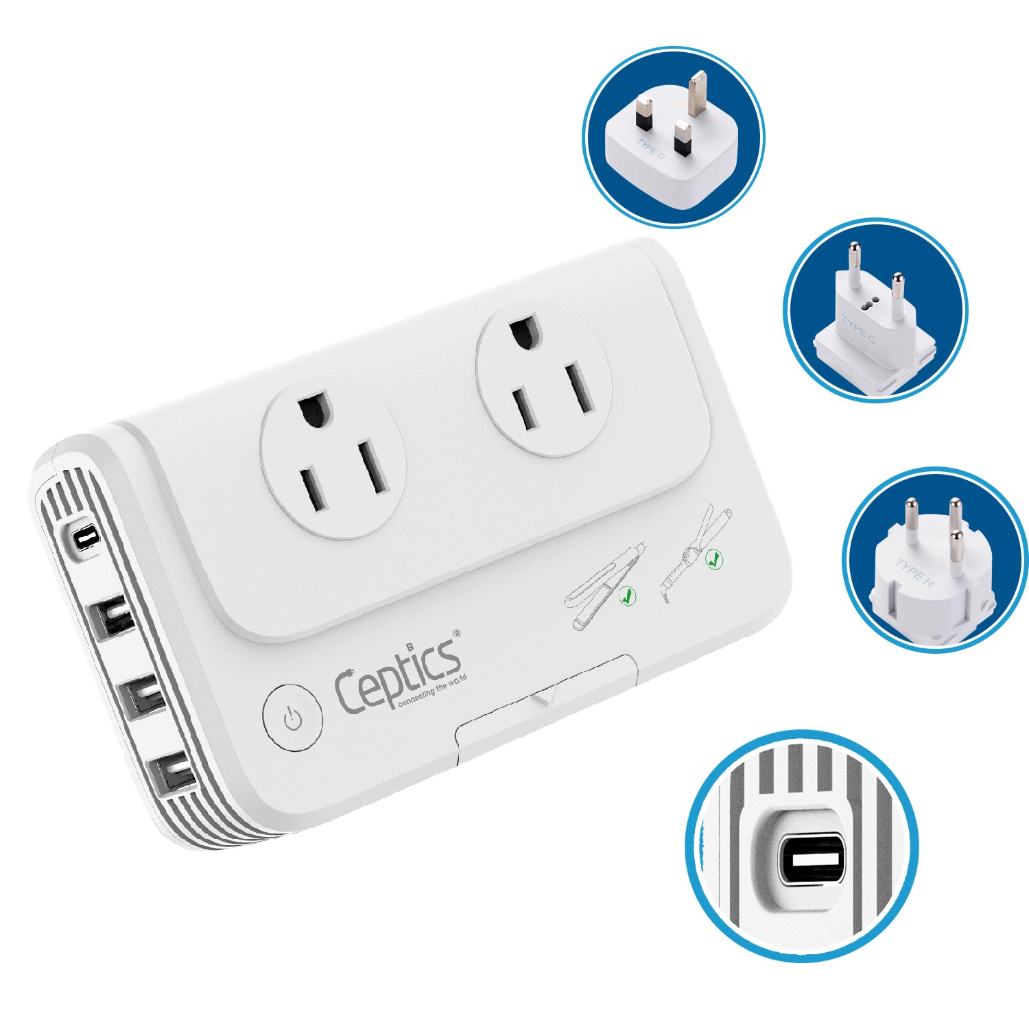 230W Travel Voltage Converter - 2 Outlets +  4 USB QC 3.0 - SWadApt Compatible (PU-200X)