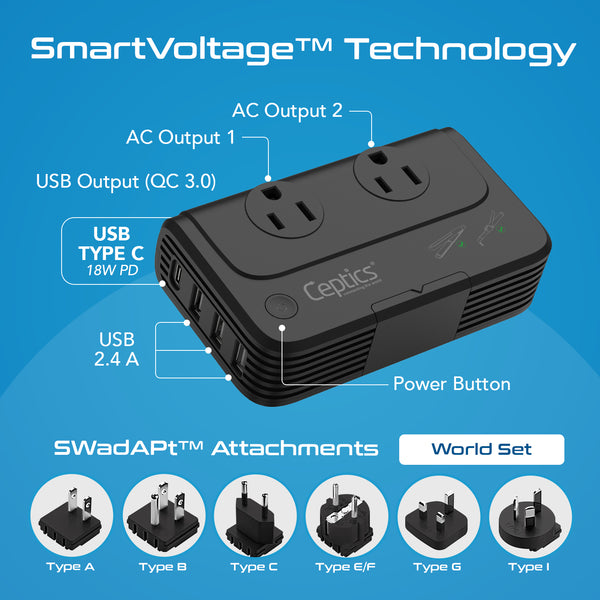 230W Travel Voltage Converter - 2 Outlets + 1 USB C + 3 USB A QC 3.0 - 220V to 110V (PU-200X)