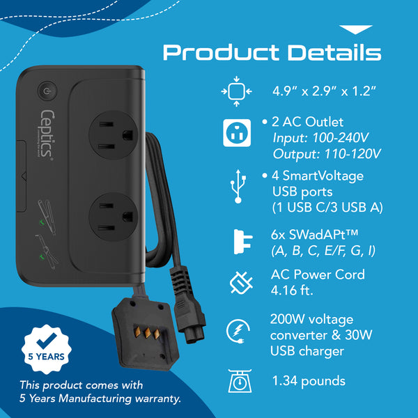 230W Travel Voltage Converter - 2 Outlets + 1 USB C + 3 USB A QC 3.0 - 220V to 110V (PU-200X)