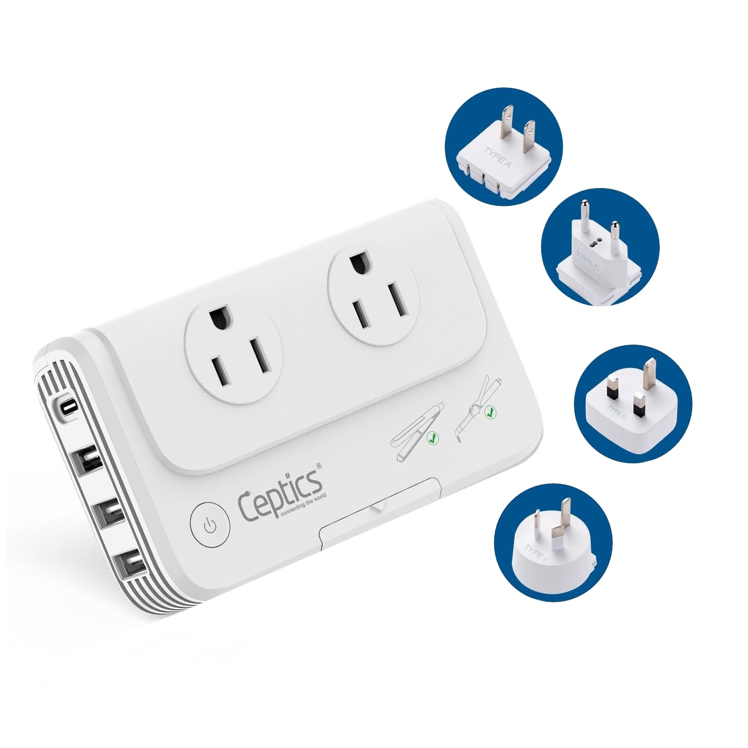 230W Travel Voltage Converter - 2 Outlets + 1 USB C + 3 USB A QC 3.0 - 220V to 110V (PU-200X)