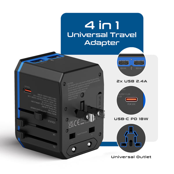 All-In-One International Travel Plug Adapter - USB C (PD-QC) - 2 USB Ports (UP-10KU)
