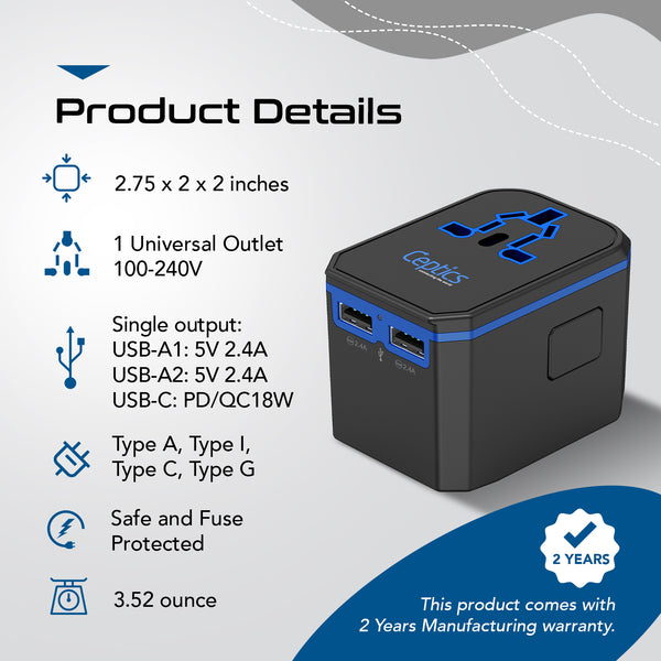 All-In-One International Travel Plug Adapter - USB C (PD-QC) - 2 USB Ports (UP-10KU)