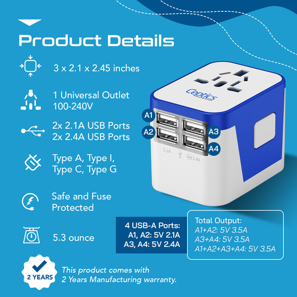 All-In-One International Travel Plug Adapter - 4 USB Ports (UP-9KU)