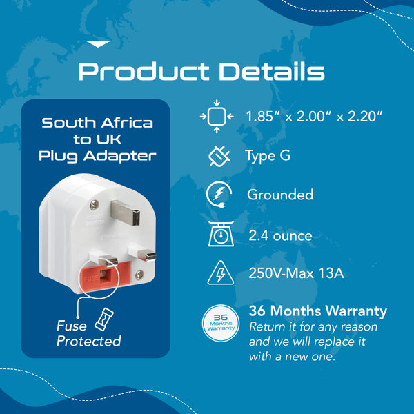 South Africa to UK - Type G - Travel Plug Adapter - Grounded (SA-UK)