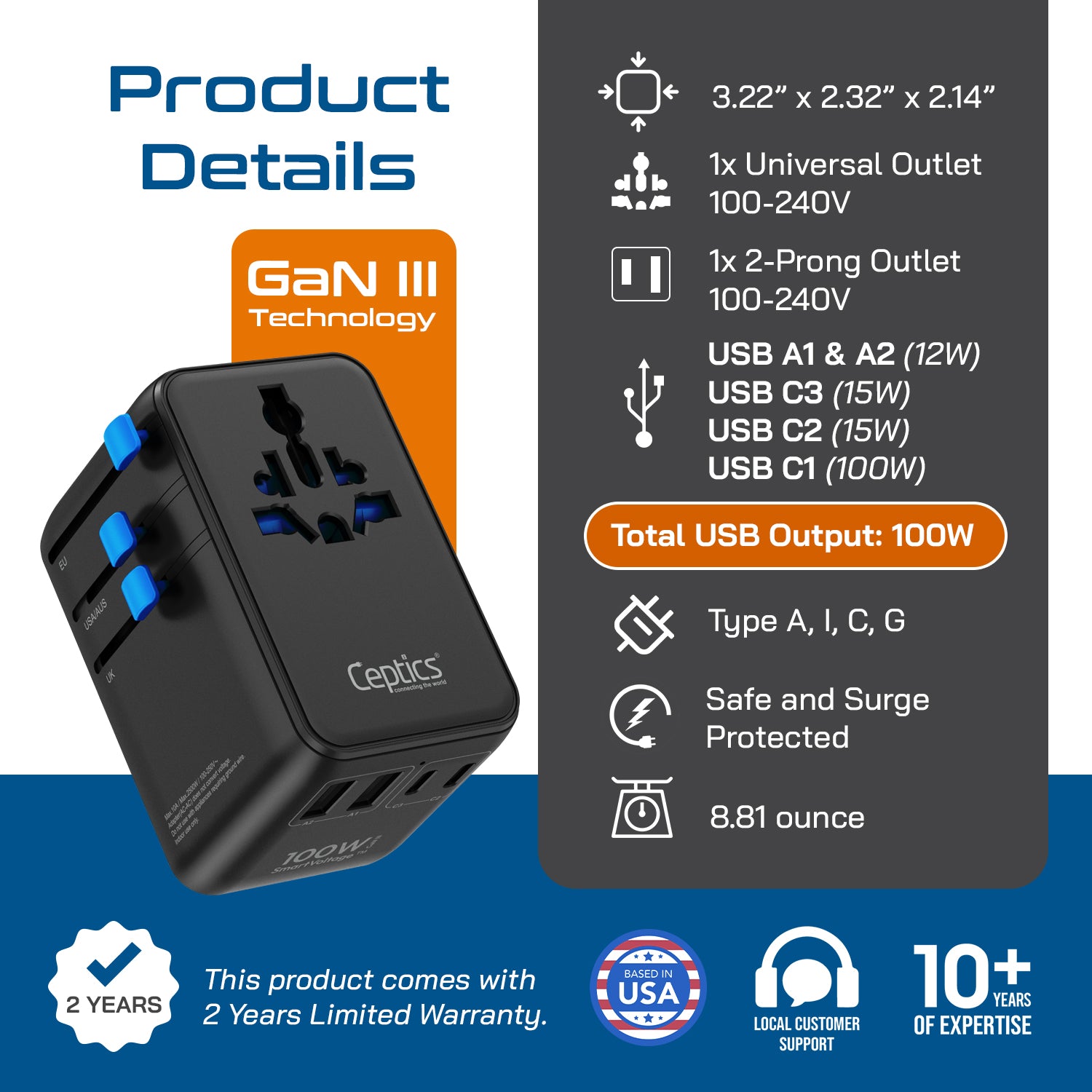 100W Universal Travel Adapter - 2 USB-C, 2 USB-A + 1 GaN 3.0 retractable cable - (UP-100KU-WC)